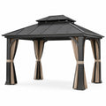 Pavillon de jardin anthracite avec rideaux beiges et toit rigide à double niveau, 300 x 300 x 290 cm