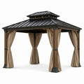 Tonnelle de jardin 300 x 300 x 295 cm en bois et métal marron et noir avec rideaux beiges