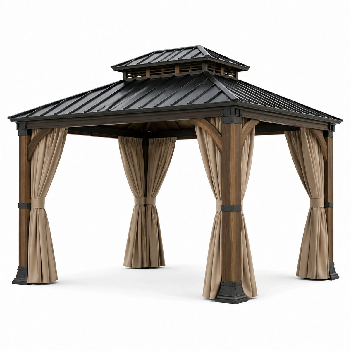 Tonnelle de jardin 300 x 300 x 295 cm en bois et métal marron et noir avec rideaux beiges