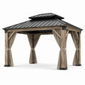 Tonnelle de jardin en bois brun 427 x 366 x 310 cm avec toit rigide anthracite et rideaux beiges