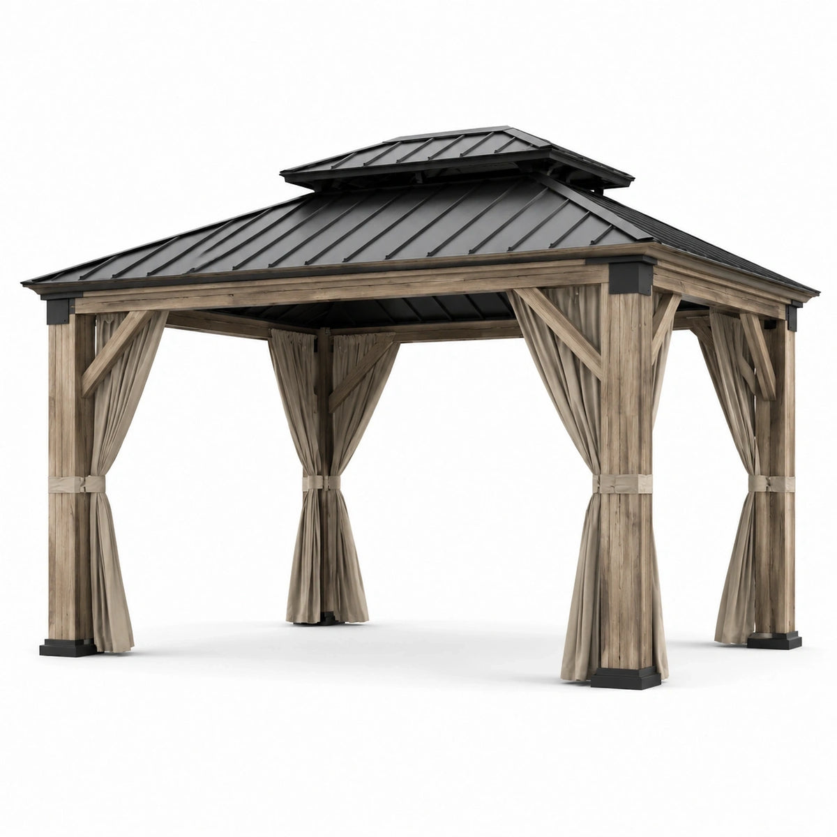 Tonnelle de jardin en bois brun 427 x 366 x 310 cm avec toit rigide anthracite et rideaux beiges