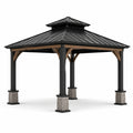 Pavillon de jardin contemporain en bois et métal avec toit rigide, noir, brun et gris, 427 x 366 x 330 cm