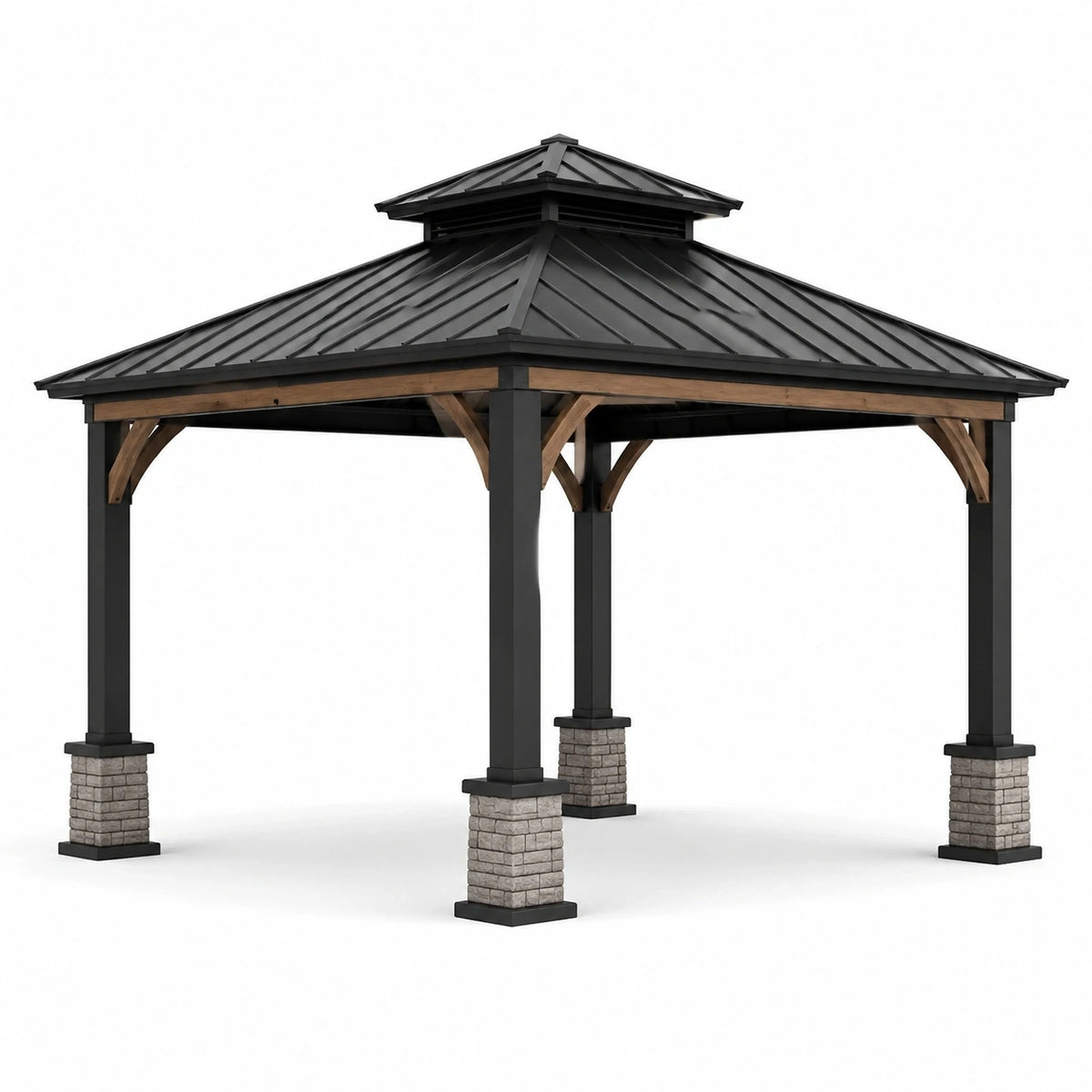 Pavillon de jardin contemporain en bois et métal avec toit rigide, noir, brun et gris, 427 x 366 x 330 cm