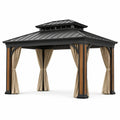 Tonnelle de jardin en métal noir effet bois avec rideaux beiges et toit rigide ventilé, 365 x 430 x 310 cm