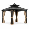 Pavillon de jardin en métal noir avec toit rigide et rideaux beiges, 300 x 300 x 290 cm