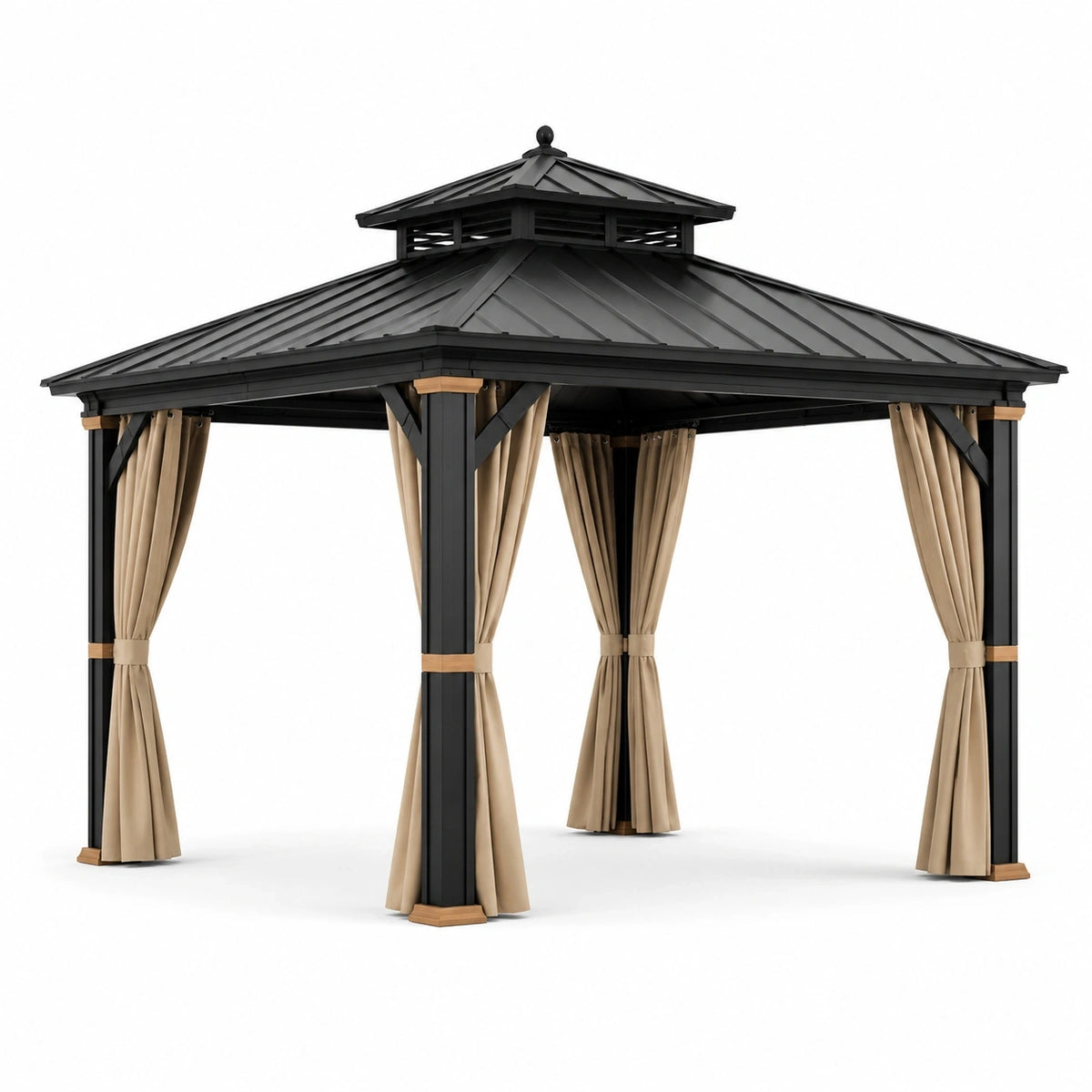 Pavillon de jardin en métal noir avec toit rigide et rideaux beiges, 300 x 300 x 290 cm
