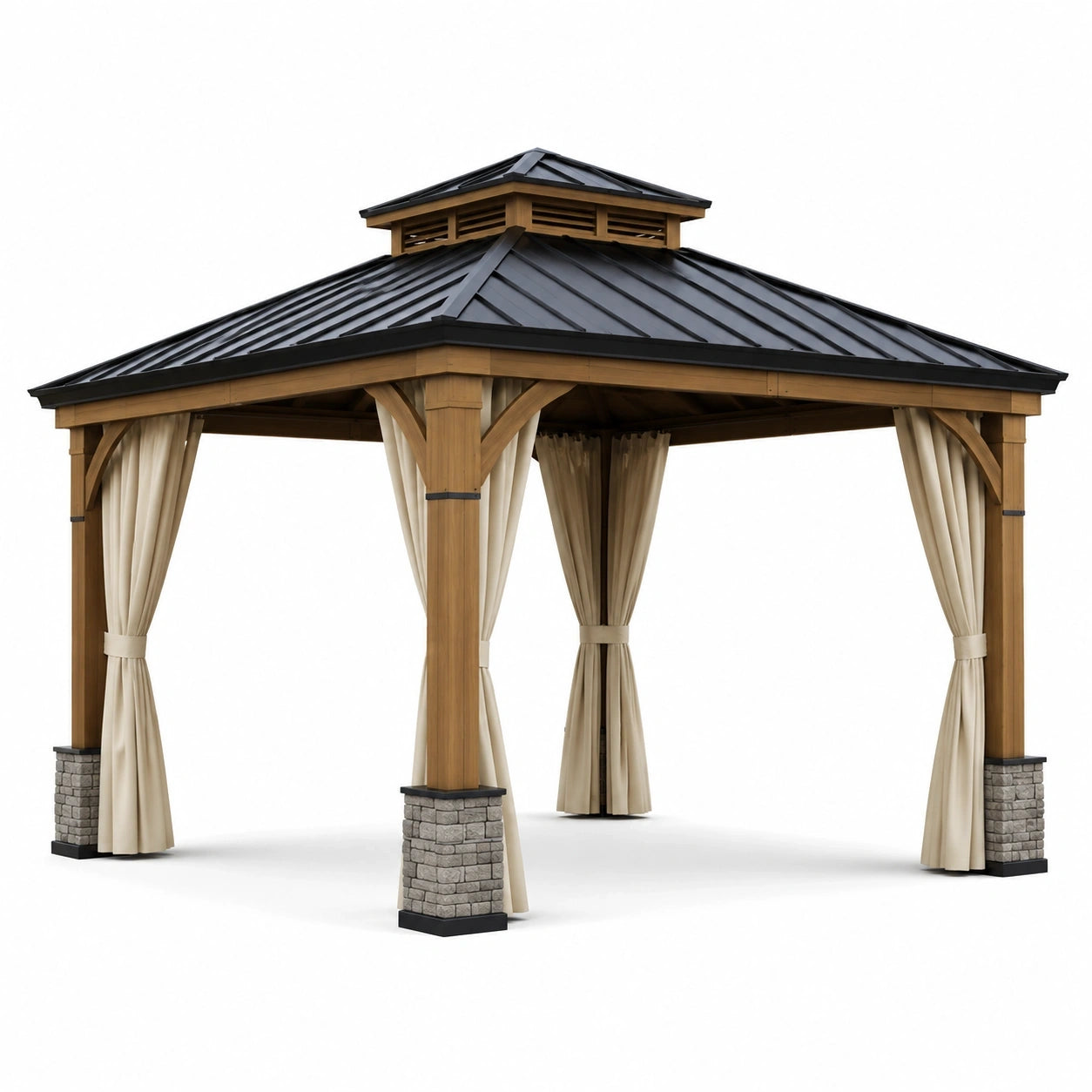 Pavillon de jardin en bois et acier avec toiture rigide et rideaux, brun, noir, beige et gris, 300 x 300 x 330 cm