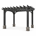 Pergola de jardin en bois noir avec socles gris effet pierre, fixations bronze et toit ajouré, 488 x 366 x 275 cm