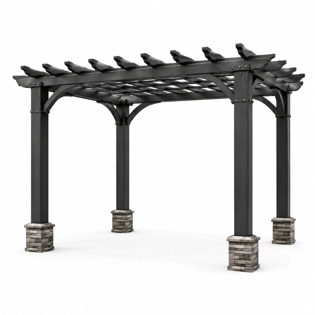 Pergola de jardin en bois noir avec socles gris effet pierre, fixations bronze et toit ajouré, 488 x 366 x 275 cm