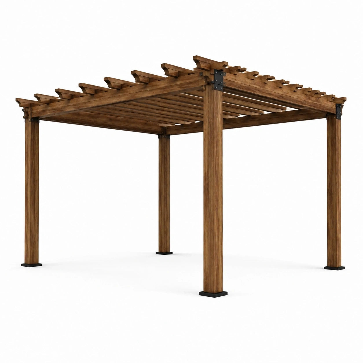 Pergola en bois brun avec toit ajouré et fixations noires, 305 x 305 x 244 cm
