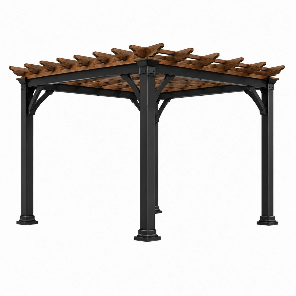 Pergola de jardin contemporaine en acier noir et bois brun avec toit ajouré, 360 x 360 x 240 cm