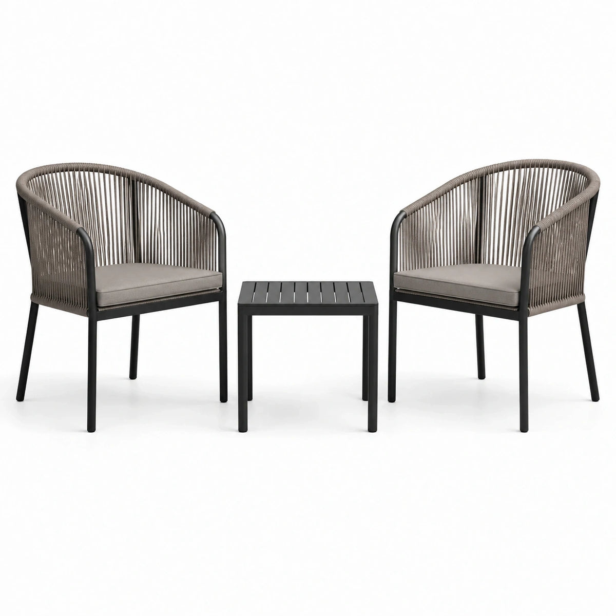 Ensemble de jardin 3 pièces taupe et noir avec 2 fauteuils de 58 x 60 x 78 cm et table de 45 x 45 x 42 cm
