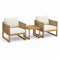 Salon de jardin 3 pièces en bois naturel et corde beige avec coussins blanc cassé – 2 fauteuils 70 x 75 x 78 cm et table 50 x 50 x 50 cm