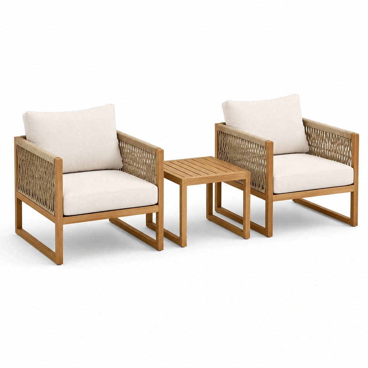 Salon de jardin 3 pièces en bois naturel et corde beige avec coussins blanc cassé – 2 fauteuils 70 x 75 x 78 cm et table 50 x 50 x 50 cm