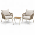 Salon de jardin 3 pièces beige, blanc cassé et bois naturel avec 2 fauteuils de 72 x 75 x 82 cm et table de 50 x 50 x 45 cm