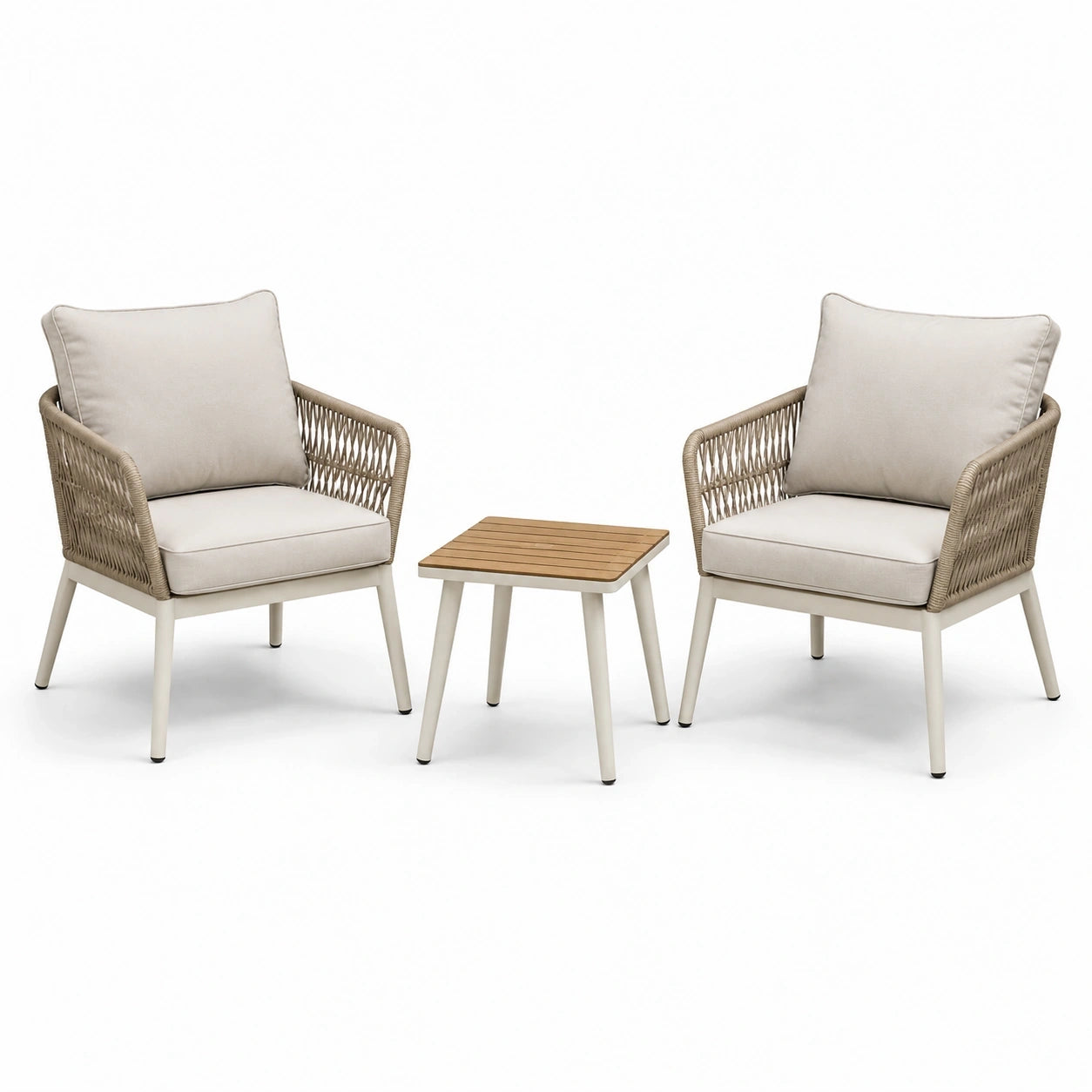 Salon de jardin 3 pièces beige, blanc cassé et bois naturel avec 2 fauteuils de 72 x 75 x 82 cm et table de 50 x 50 x 45 cm