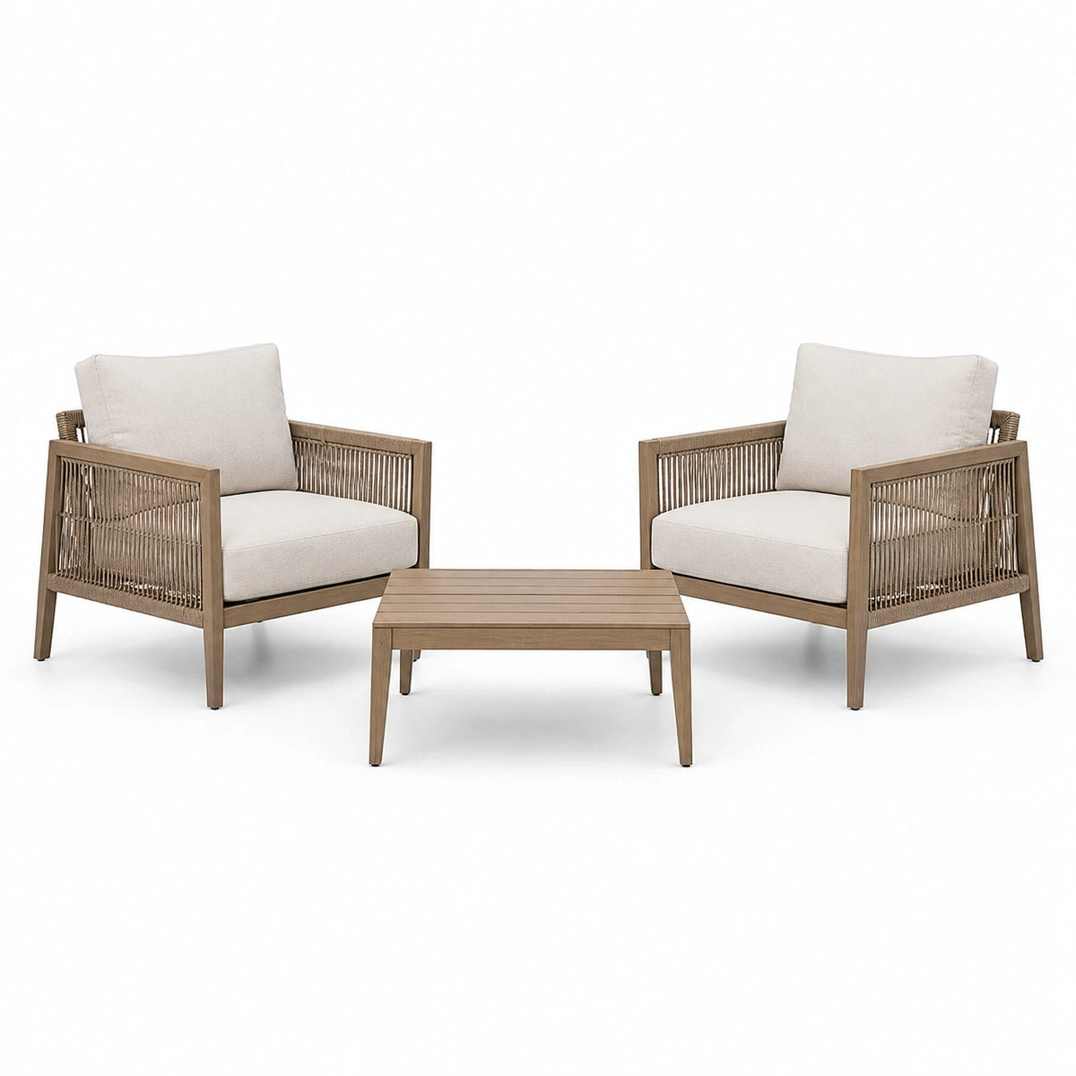 Ensemble de jardin 3 pièces brun et beige clair, 2 fauteuils de 78 x 78 x 78 cm et table basse de 80 x 80 x 38 cm