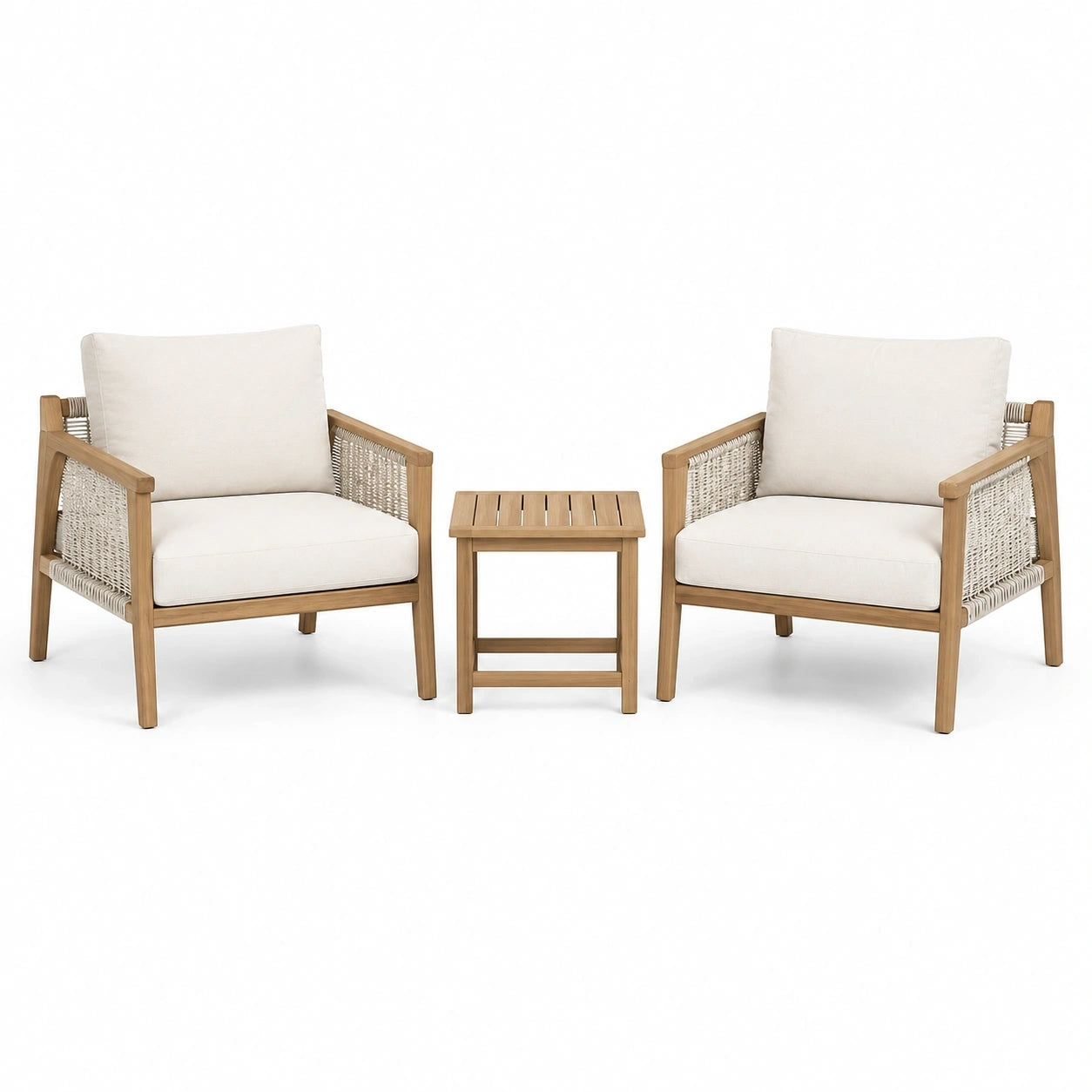Salon de jardin 3 pièces beige et blanc cassé, 2 fauteuils de 75 x 76 x 80 cm et table de 48 x 48 x 48 cm