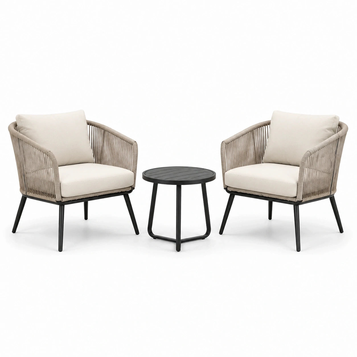 Salon de jardin 3 pièces, 2 fauteuils 74 x 72 x 80 cm et table ronde Ø 50 x 50 cm, beige et noir