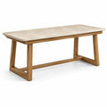 Table à manger rectangulaire en bois brun avec plateau beige aspect pierre, 180 x 90 x 76 cm