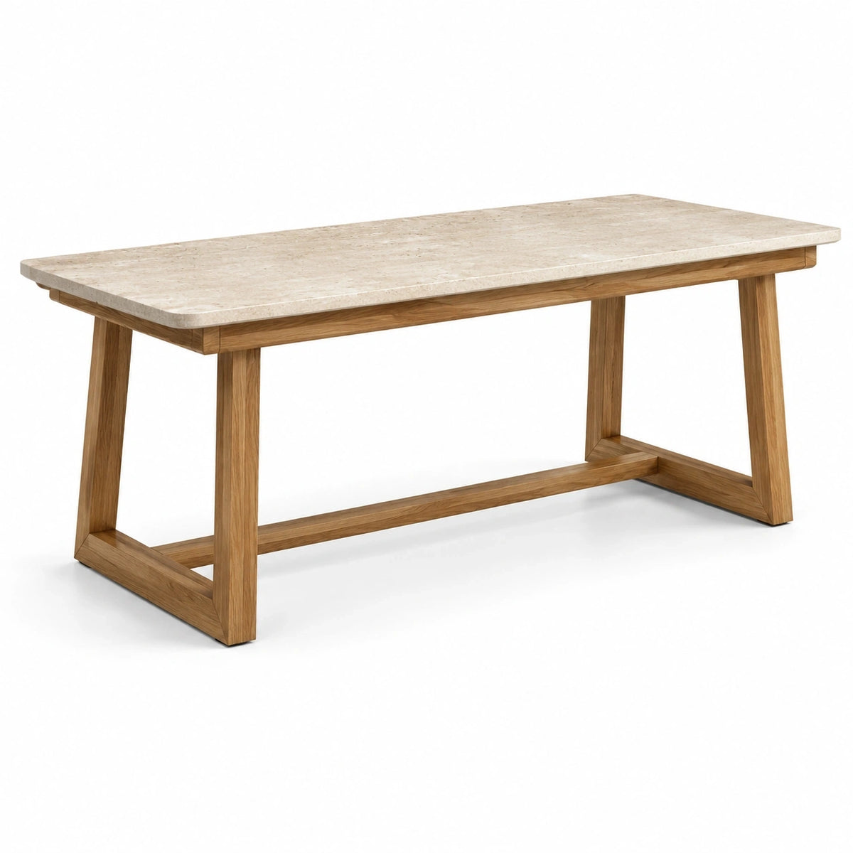 Table à manger rectangulaire en bois brun avec plateau beige aspect pierre, 180 x 90 x 76 cm