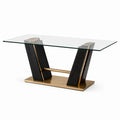 Table à manger rectangulaire 180 x 90 x 76 cm en verre transparent, noire et dorée