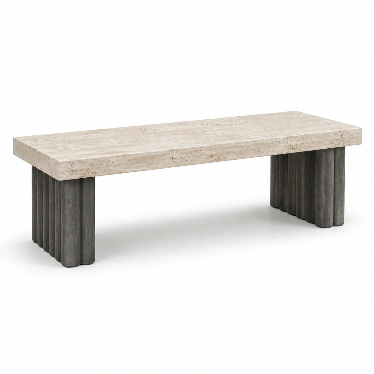 Banc en travertin beige et bois gris anthracite, 140 x 40 x 45 cm, design contemporain sculptural