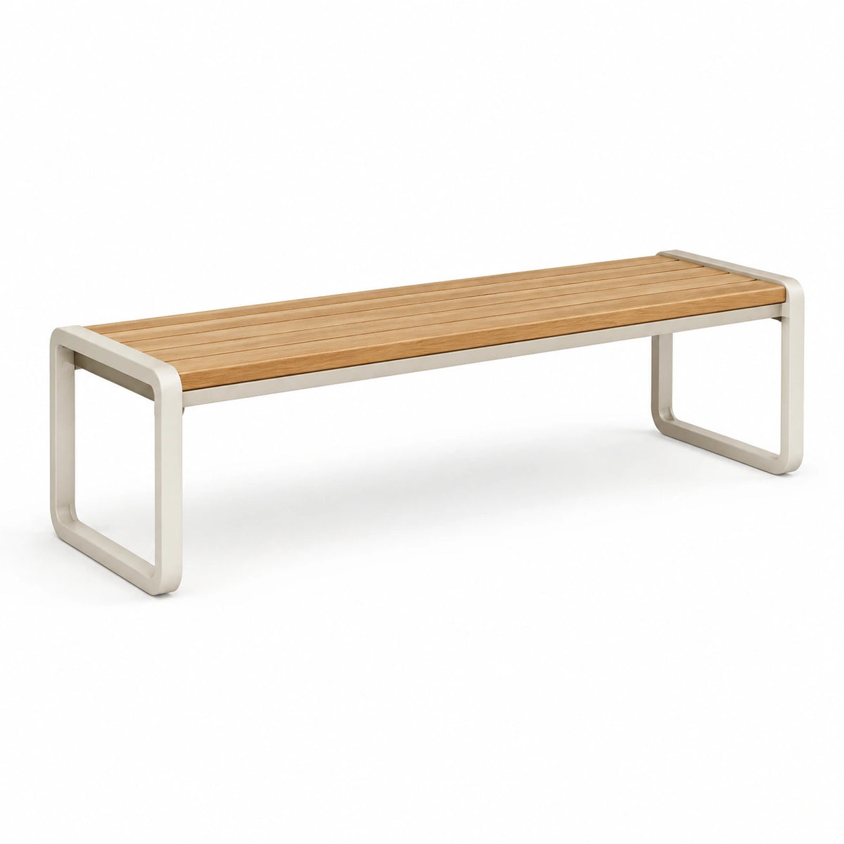 Banc à lattes en bois naturel et métal beige, 150 x 40 x 45 cm, style contemporain