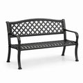 Banc de jardin 2 places en métal noir avec dossier treillis et accoudoirs, 127 x 60 x 85 cm