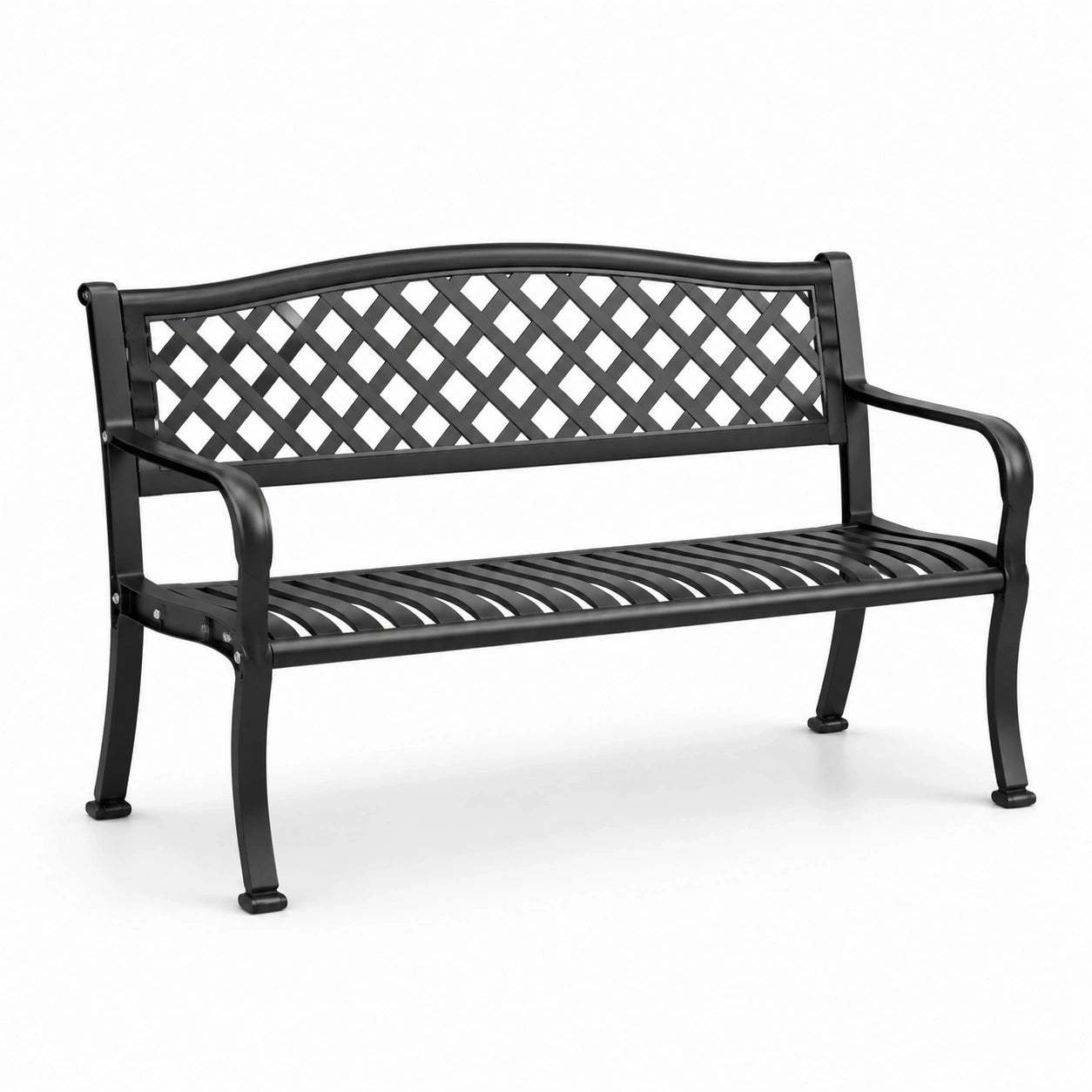 Banc de jardin 2 places en métal noir avec dossier treillis et accoudoirs, 127 x 60 x 85 cm