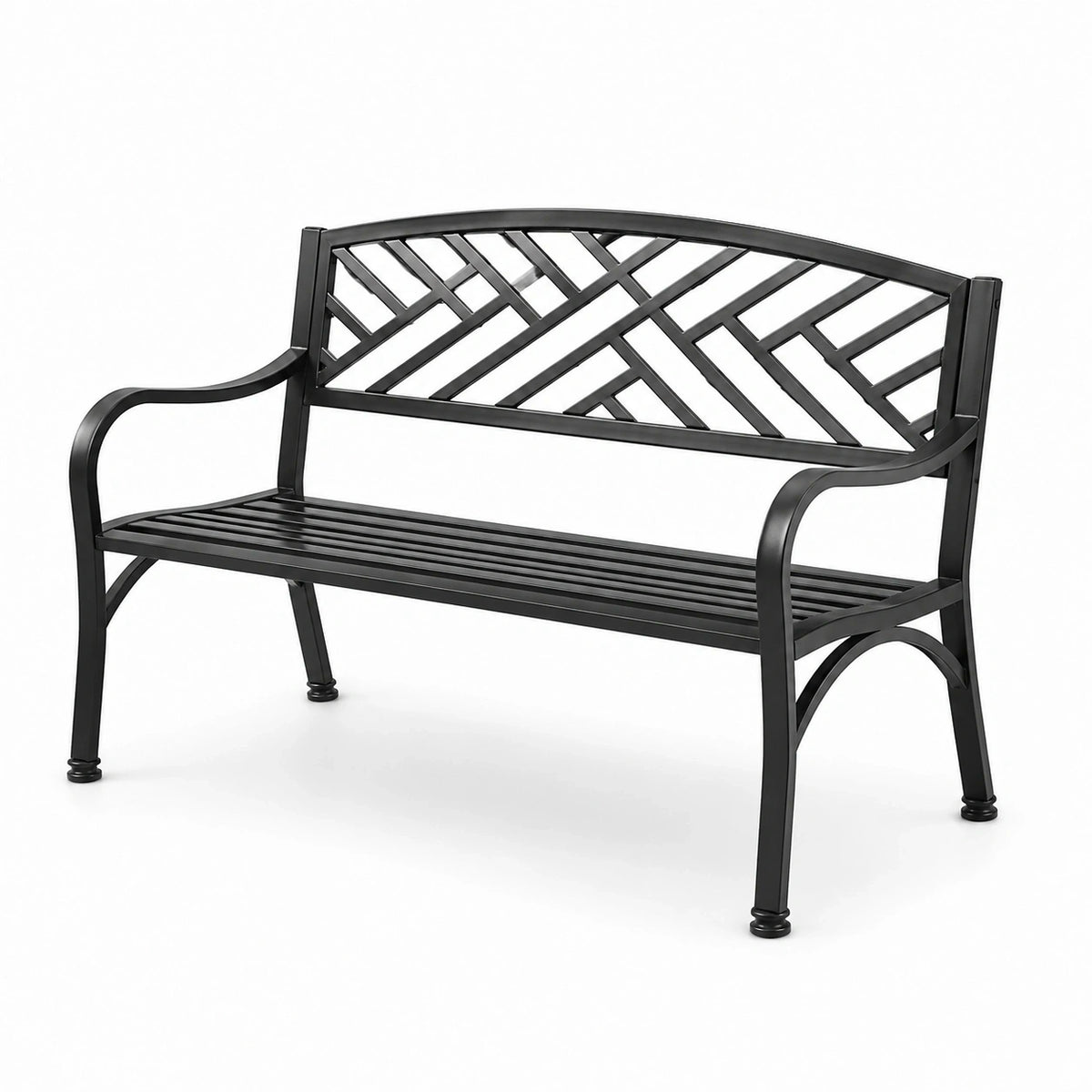 Banc de jardin en métal noir 127 x 60 x 85 cm avec dossier géométrique et accoudoirs