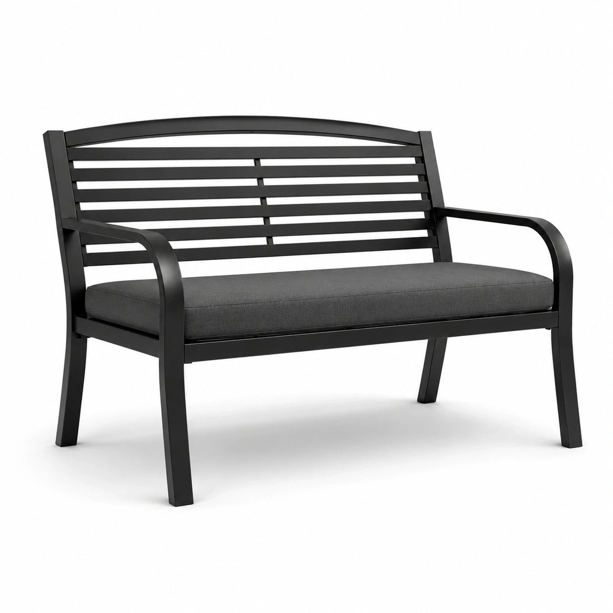 Banc de jardin 2 places en métal noir avec coussin gris, 120 x 60 x 89 cm