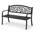 Banc de jardin 2 places en métal noir avec dossier à motif feuillage, 127 x 60 x 85 cm