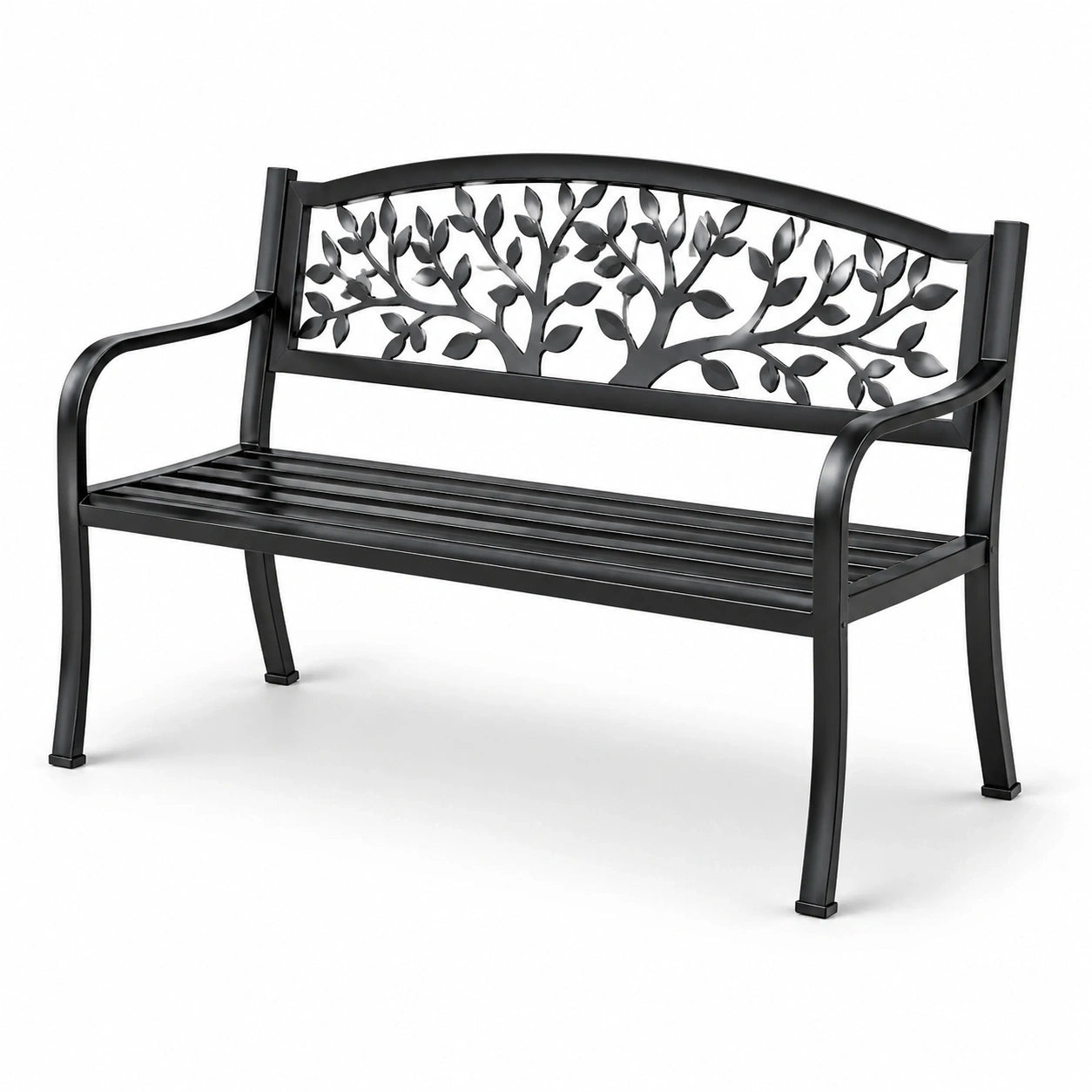 Banc de jardin 2 places en métal noir avec dossier à motif feuillage, 127 x 60 x 85 cm