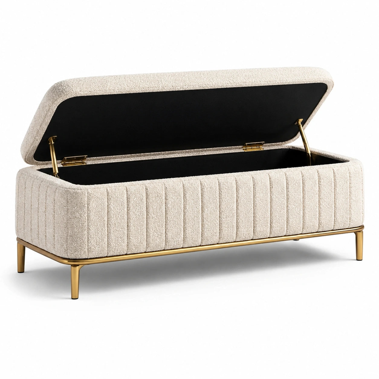 Banc coffre de rangement rembourré en tissu bouclé écru avec pieds en métal doré, 120 x 45 x 45 cm