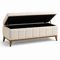 Banc de rangement rembourré en tissu bouclé crème avec pieds en bois, 120 x 45 x 48 cm