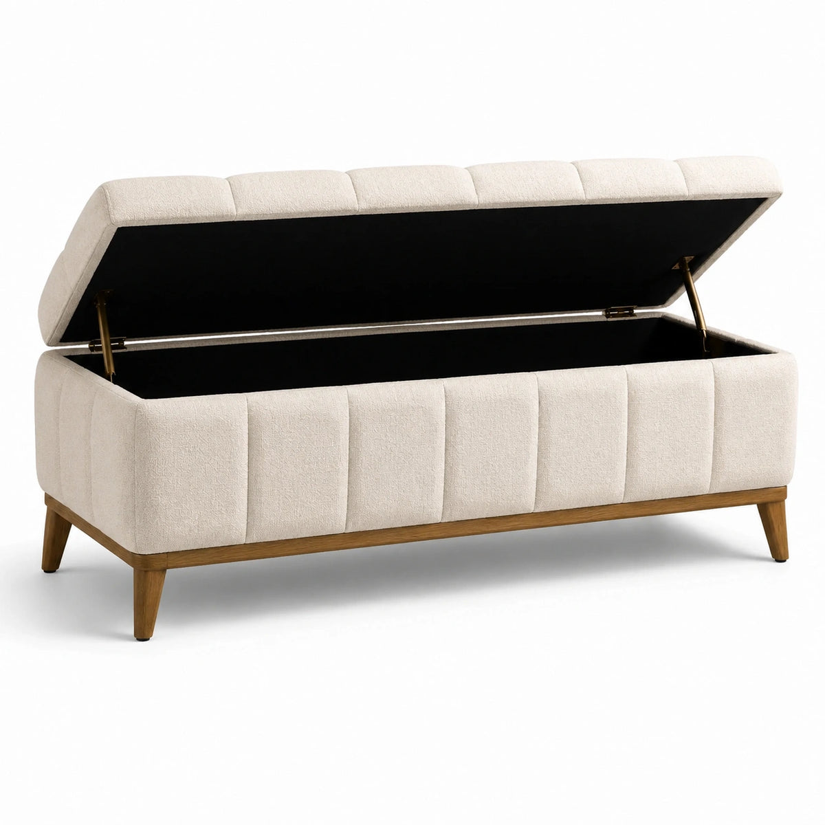 Banc de rangement rembourré en tissu bouclé crème avec pieds en bois, 120 x 45 x 48 cm