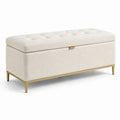 Banc coffre de rangement en tissu bouclé écru avec structure dorée, 120 x 45 x 55 cm