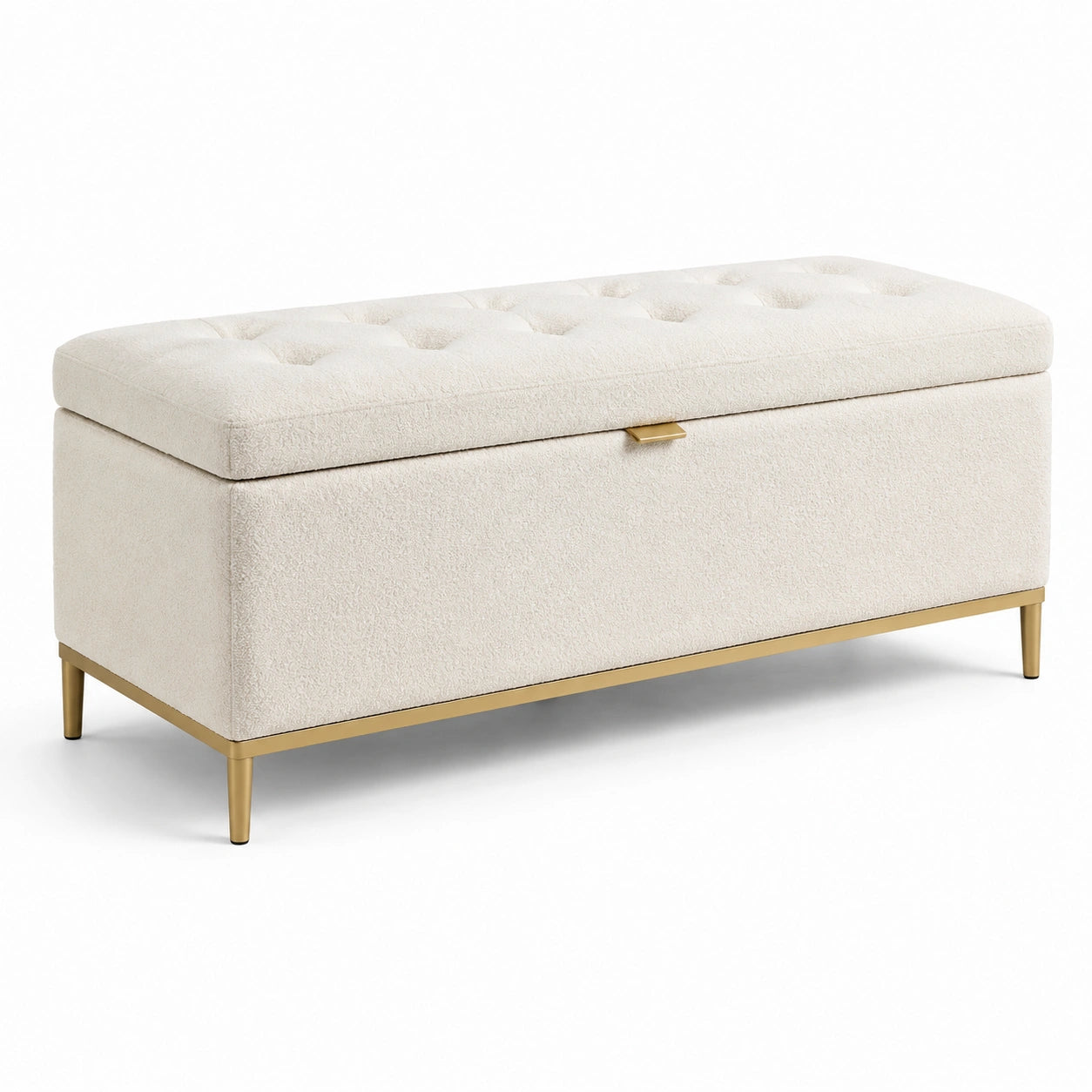 Banc coffre de rangement en tissu bouclé écru avec structure dorée, 120 x 45 x 55 cm