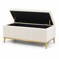 Banc coffre de rangement en tissu bouclé blanc cassé avec piètement doré, 110 x 45 x 48 cm