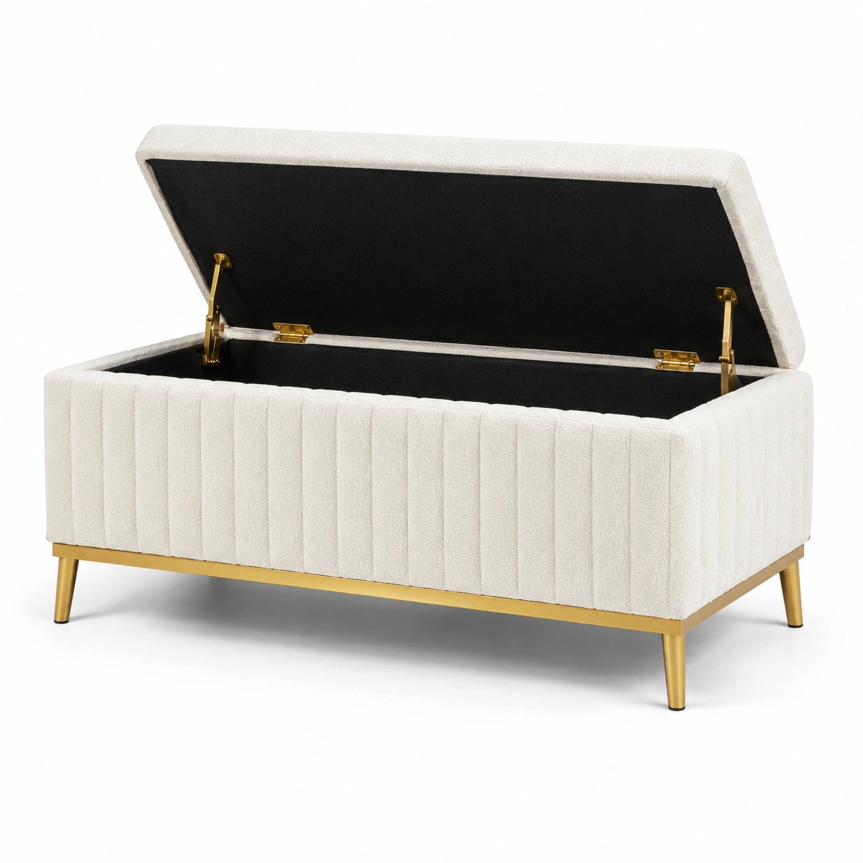 Banc coffre de rangement en tissu bouclé blanc cassé avec piètement doré, 110 x 45 x 48 cm