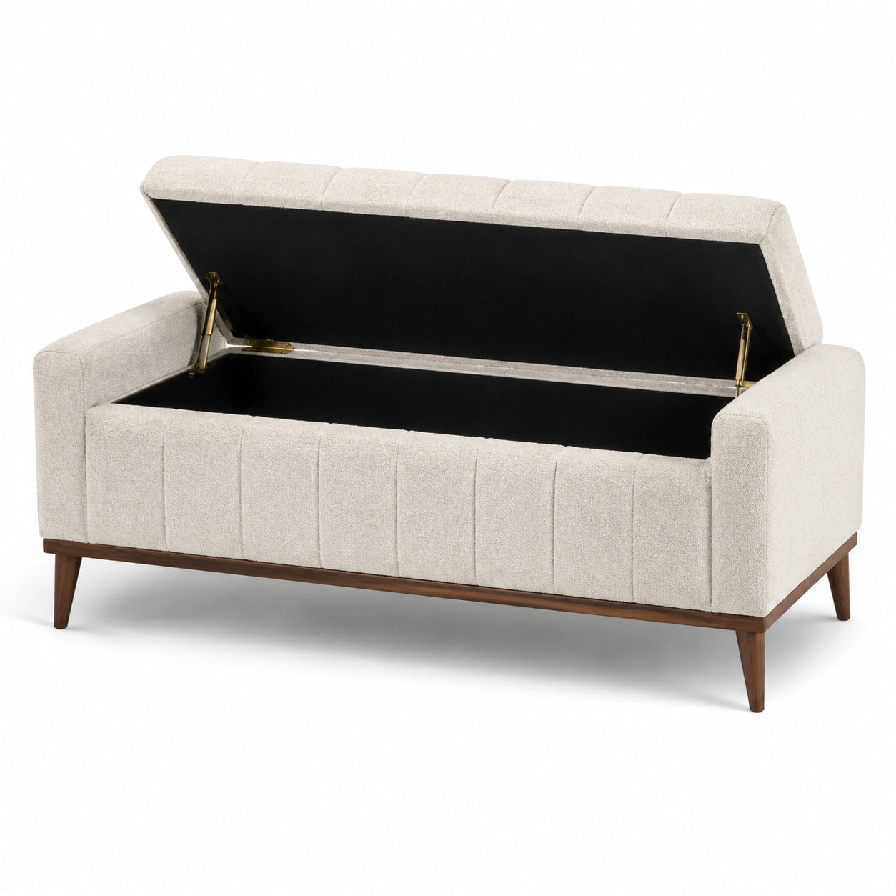 Banc coffre rembourré avec rangement, tissu bouclé écru, marron et noir, 124 x 52 x 63 cm