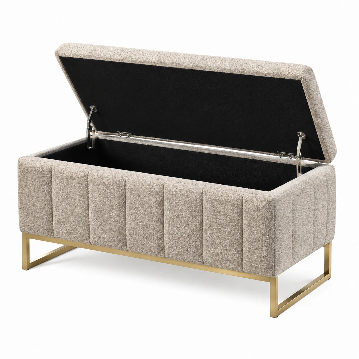 Banc coffre de rangement rembourré en tissu bouclé beige avec piètement doré, 110 x 45 x 48 cm
