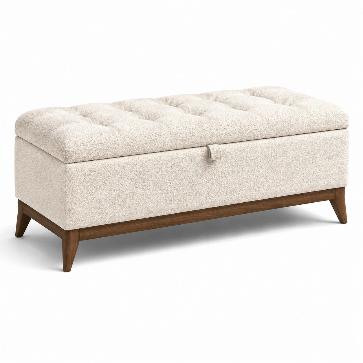 Banc coffre de rangement en tissu bouclé écru et bois marron avec assise capitonnée, 120 x 45 x 48 cm