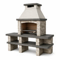Barbecue de jardin fixe avec cheminée, grille réglable et rangements, 180 x 70 x 220 cm, beige et gris