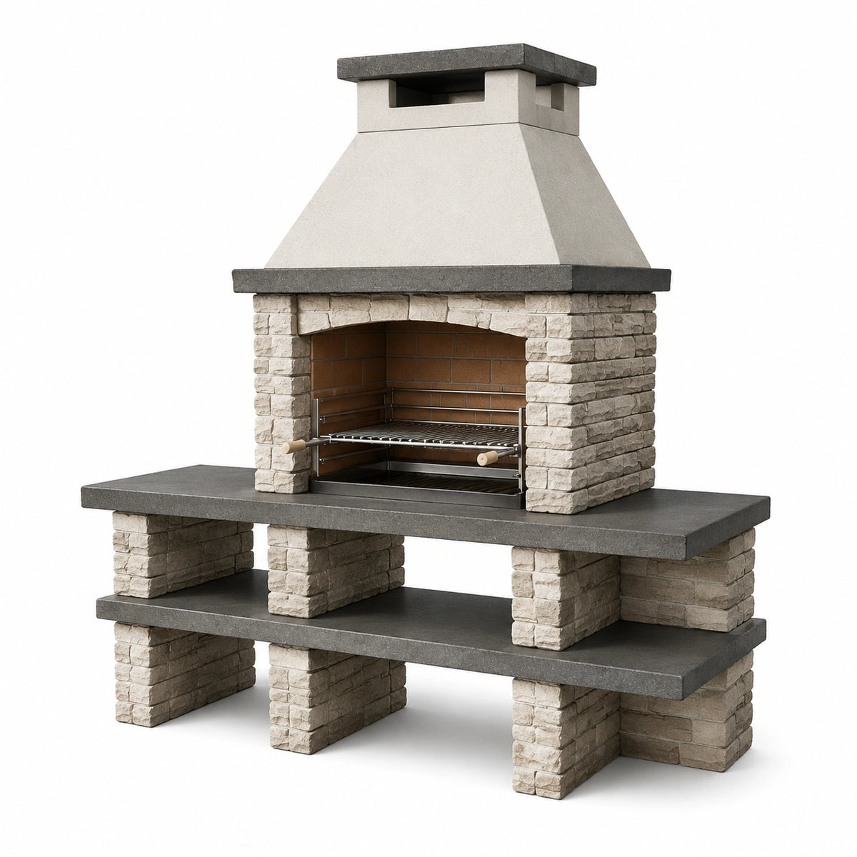 Barbecue de jardin fixe avec cheminée, grille réglable et rangements, 180 x 70 x 220 cm, beige et gris