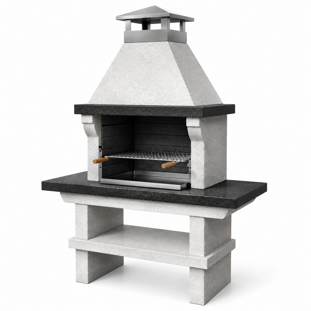 Barbecue de jardin en béton blanc et noir avec grille réglable et cheminée, 120 x 70 x 220 cm