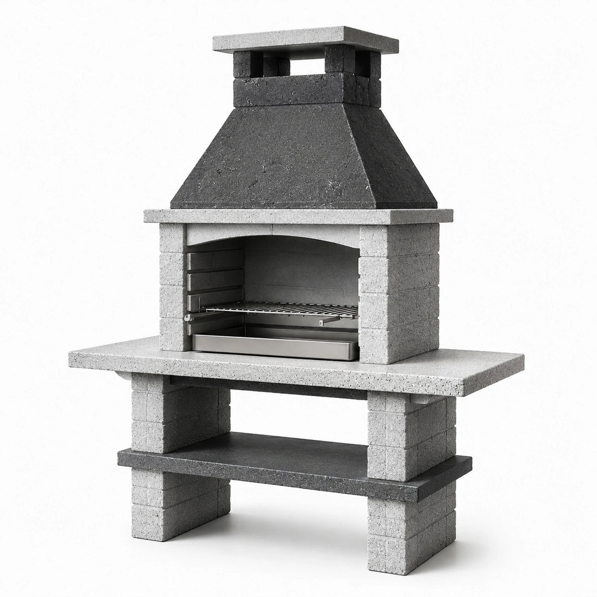 Barbecue fixe en béton gris clair et anthracite avec grille, hotte et tablette, 120 x 60 x 180 cm