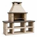 Barbecue extérieur en béton beige, gris et noir 180 x 70 x 220 cm avec cheminée, grille réglable et rangements
