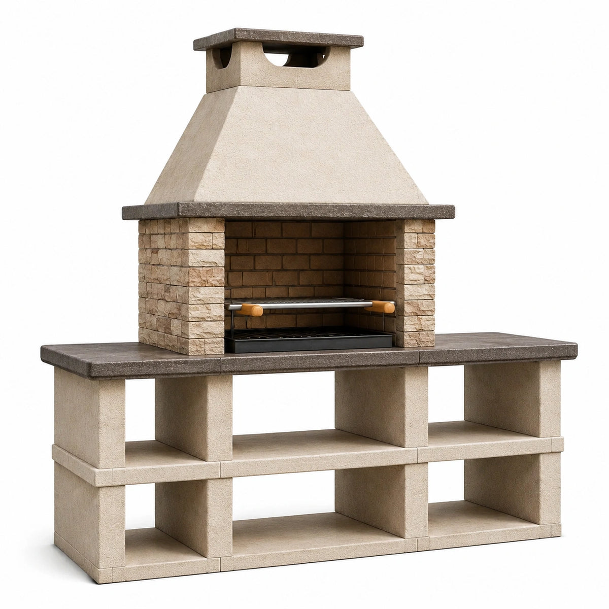 Barbecue extérieur en béton beige, gris et noir 180 x 70 x 220 cm avec cheminée, grille réglable et rangements